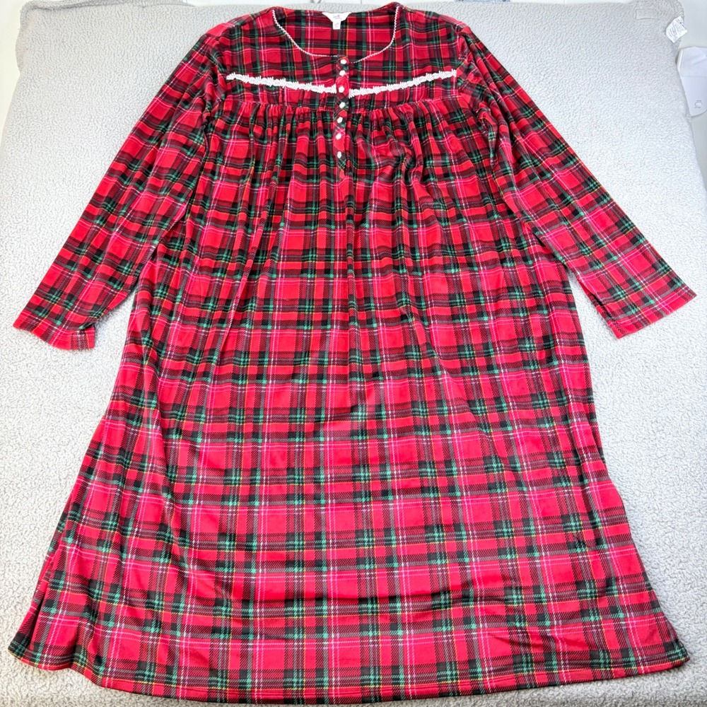 Secret Treasures Plaid Nightgown Women 4X Red Fleece Lace Trim Long Sleeve Sleep